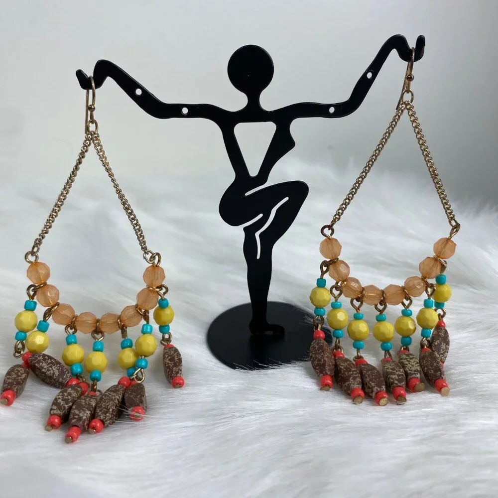 Boho Beaded Dangle & Drop Brown, Yellow, Blue Chain Pierced Earrings